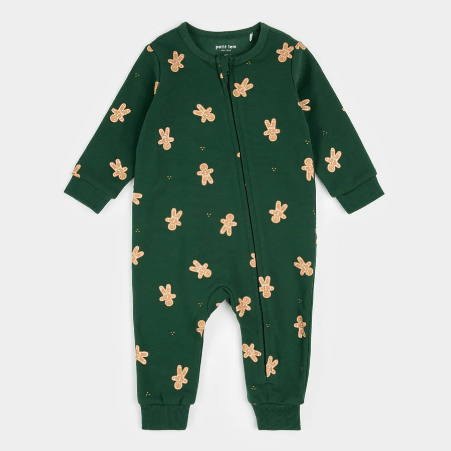 Petit Lem Fleece Playsuit - Dark Green Gingerbread Man