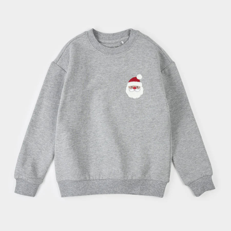Petit Lem Fleece Sweatshirt - Santa Embroidery on Heather Grey