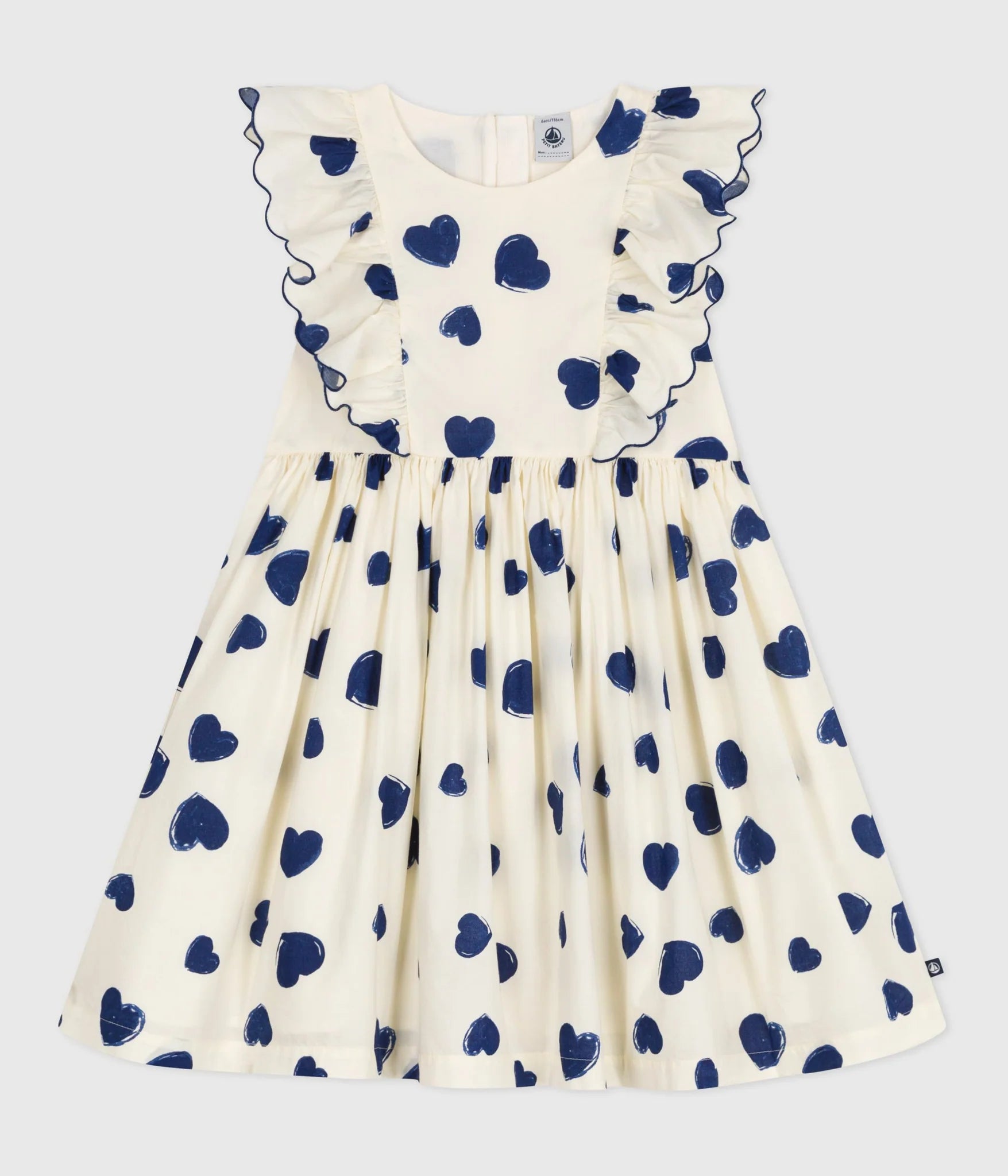Petit Bateau Sleeveless Heart Print Dress with Ruffles