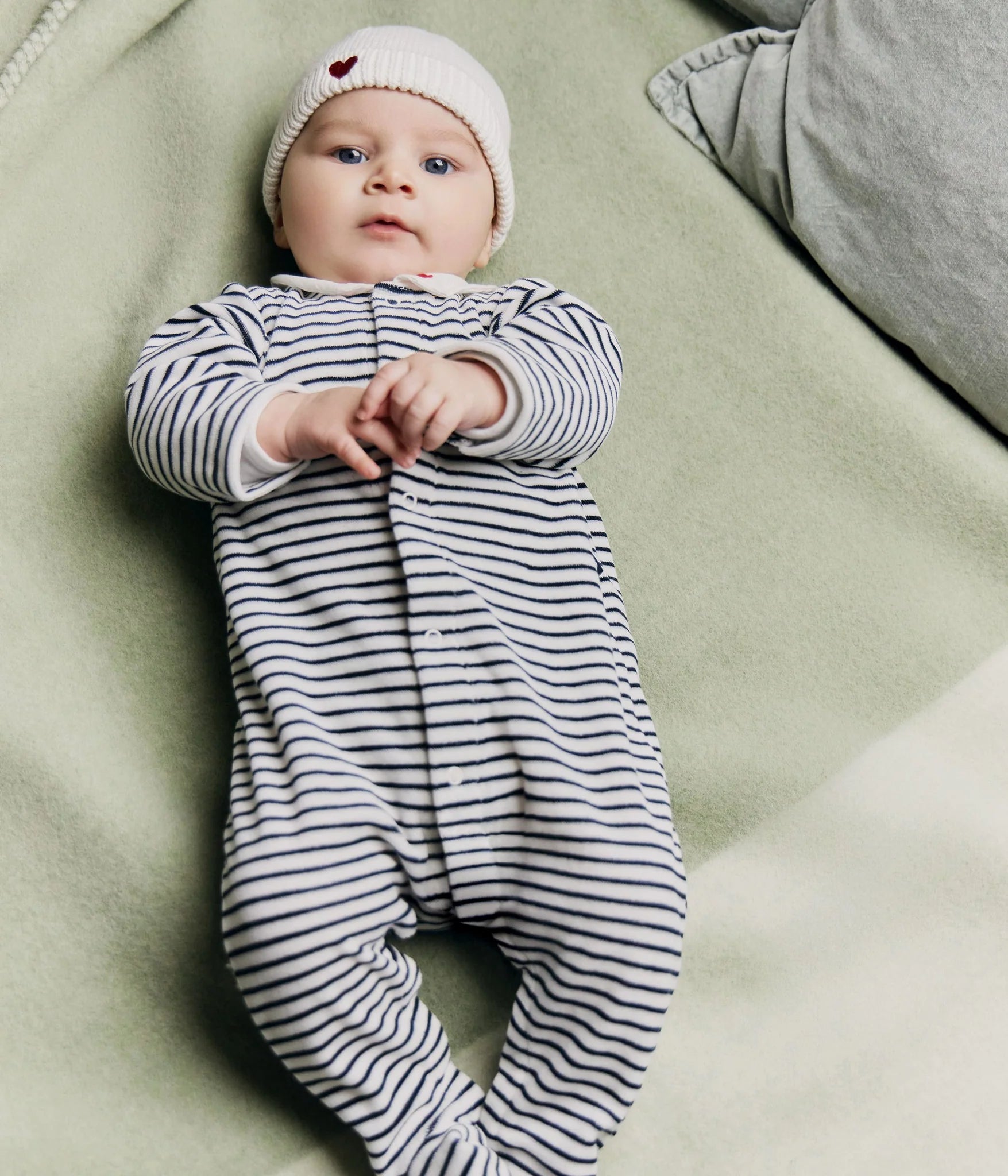 Petit Bateau Baby Velour Front Snap Stripe Footie with Collar