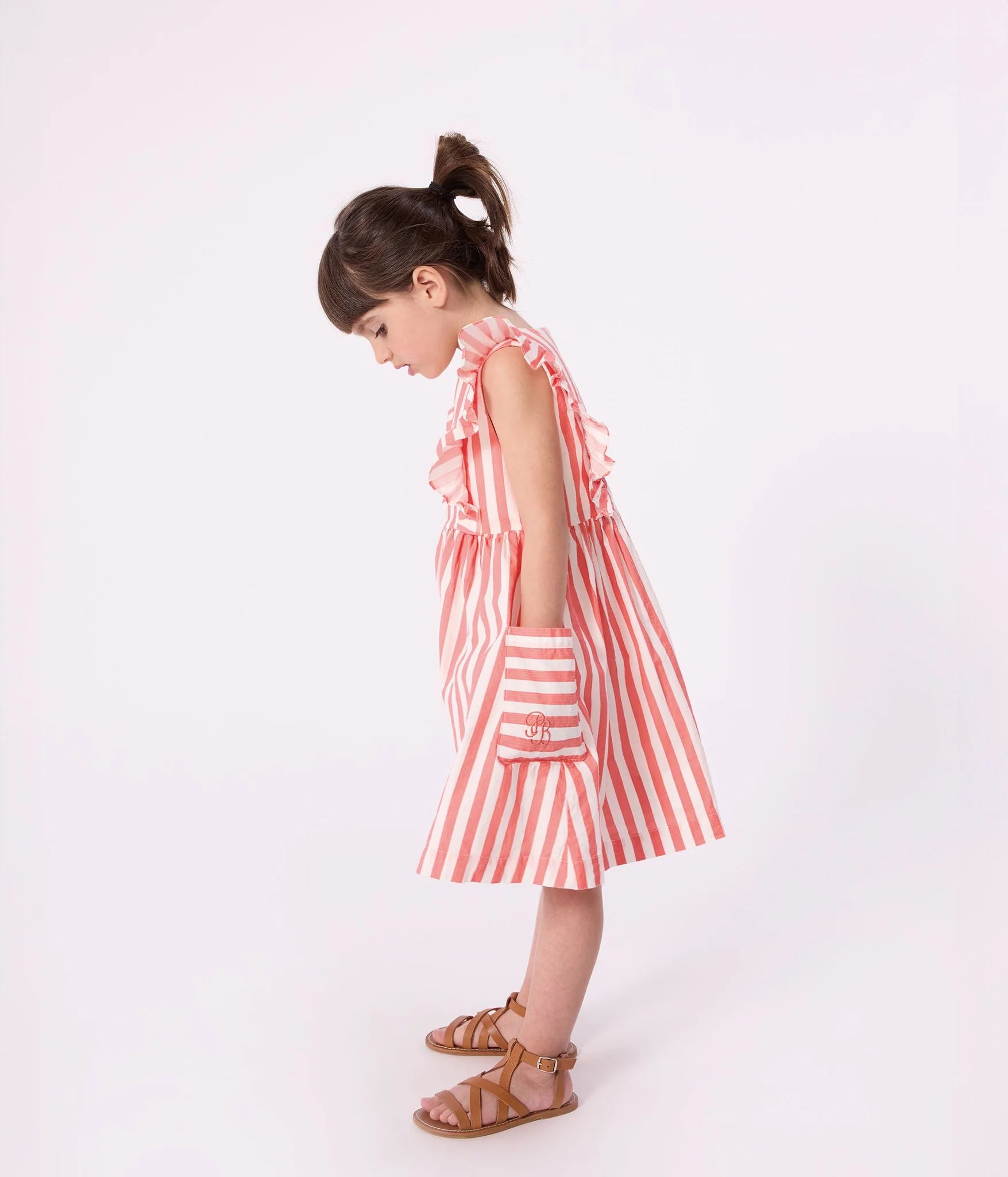 Petit Bateau Girl Sleeveless Stripe Dress with Ruffles + Pocket