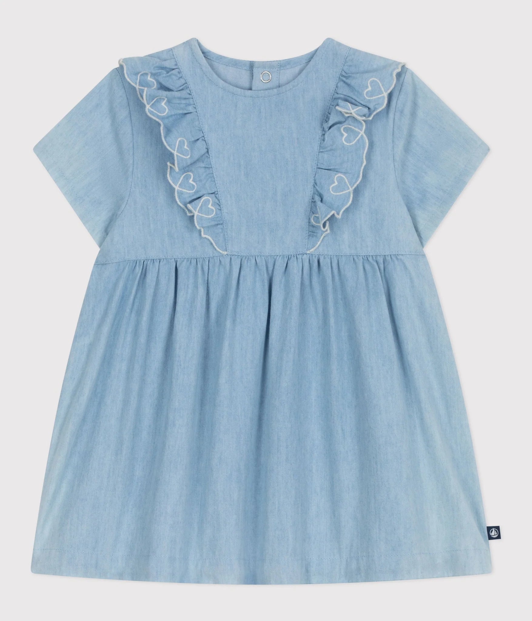 Petit Bateau Baby Girl Short Sleeve Chambray Dress with Ruffles