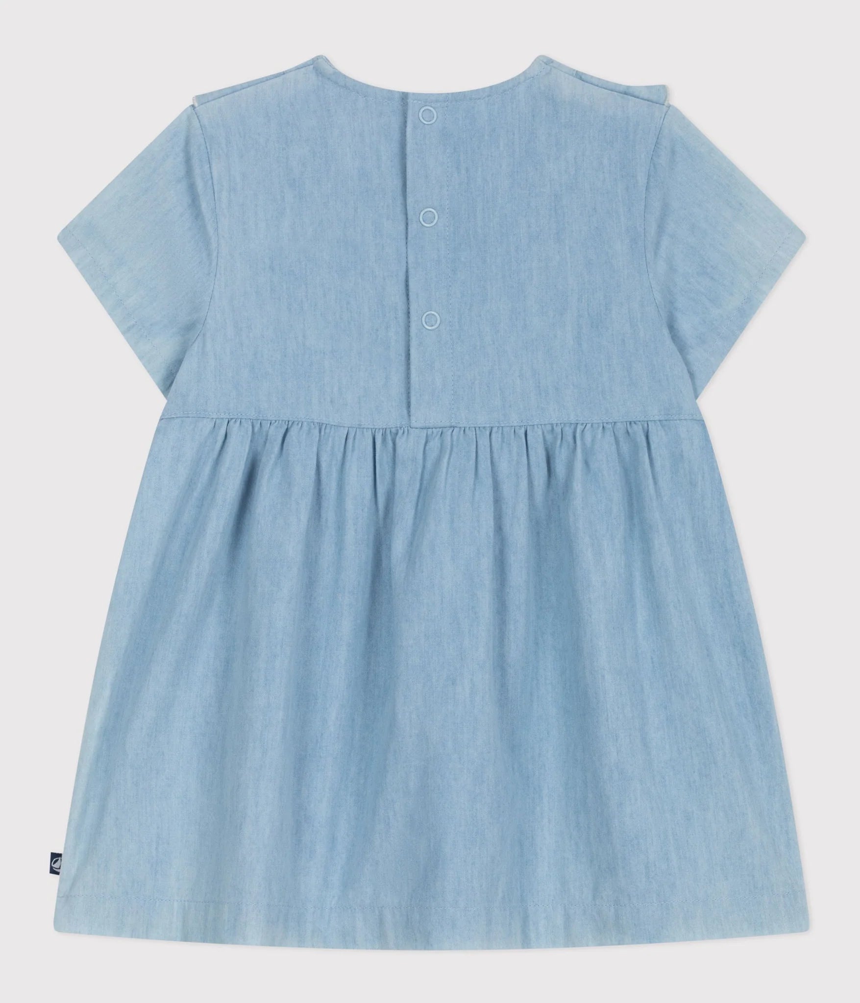 Petit Bateau Baby Girl Short Sleeve Chambray Dress with Ruffles