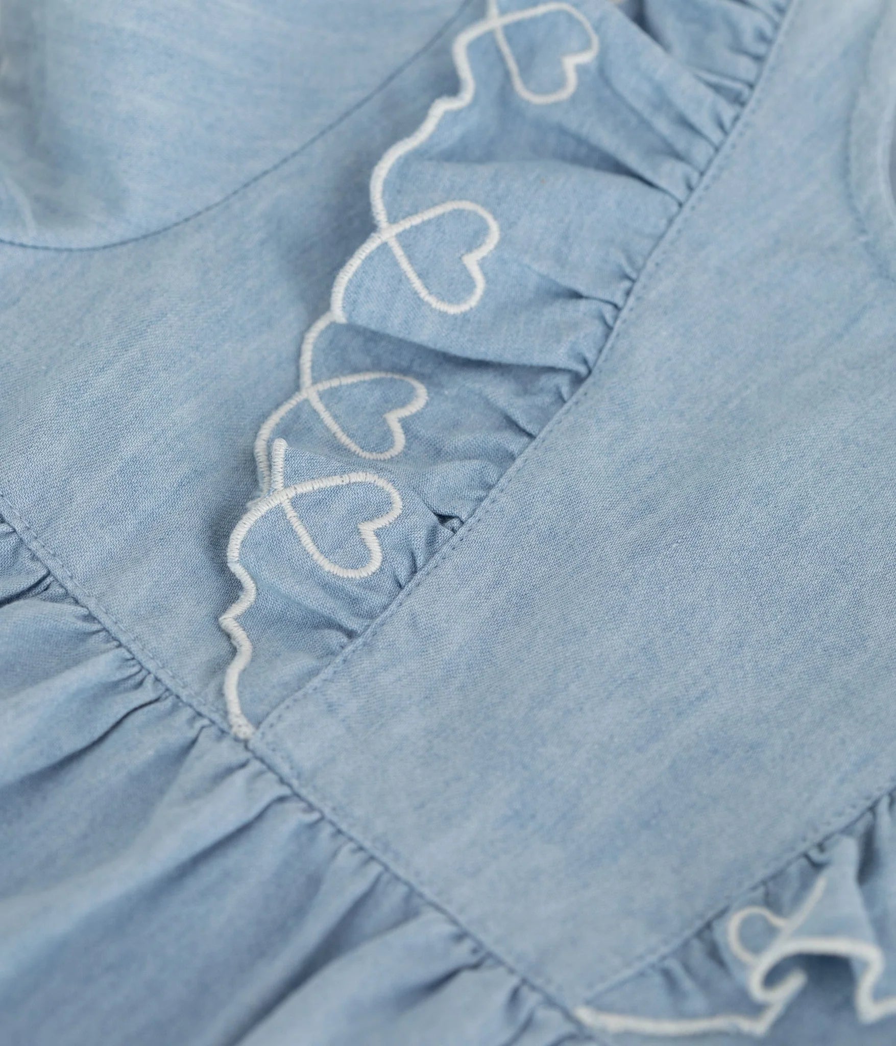 Petit Bateau Baby Girl Short Sleeve Chambray Dress with Ruffles
