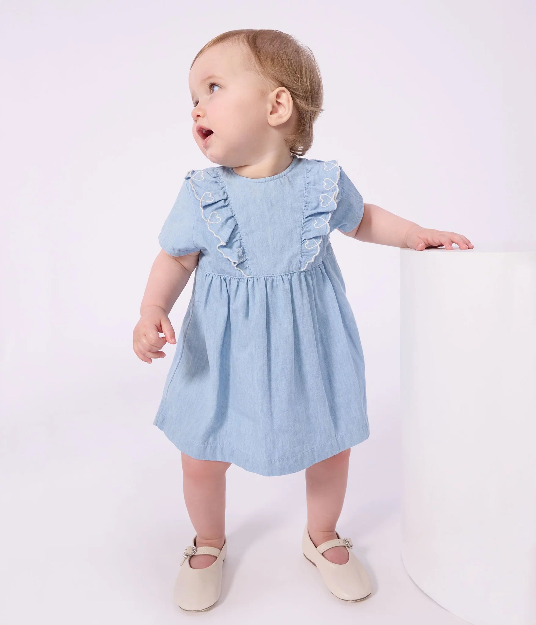 Petit Bateau Baby Girl Short Sleeve Chambray Dress with Ruffles