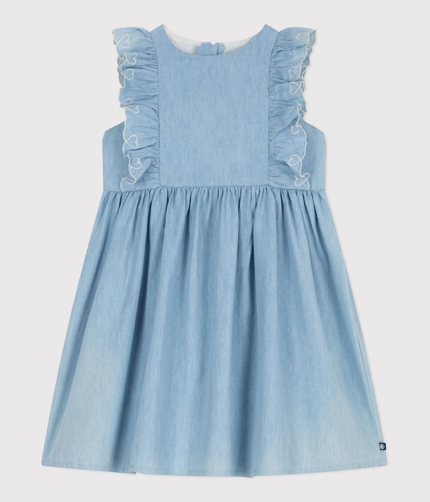 Petit Bateau Girl Sleeveless Chambray Dress with Embroidered Ruffles