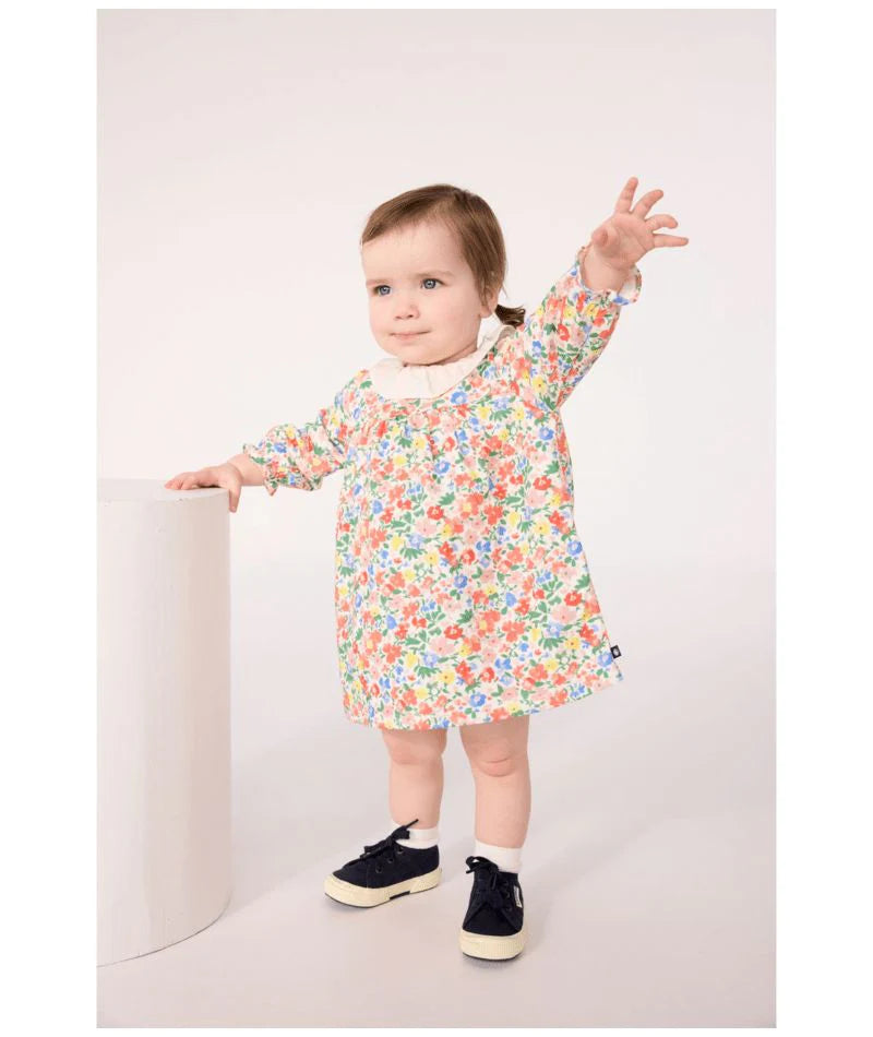 Petit Bateau Baby Girl Long Sleeve Floral Dress with Collar
