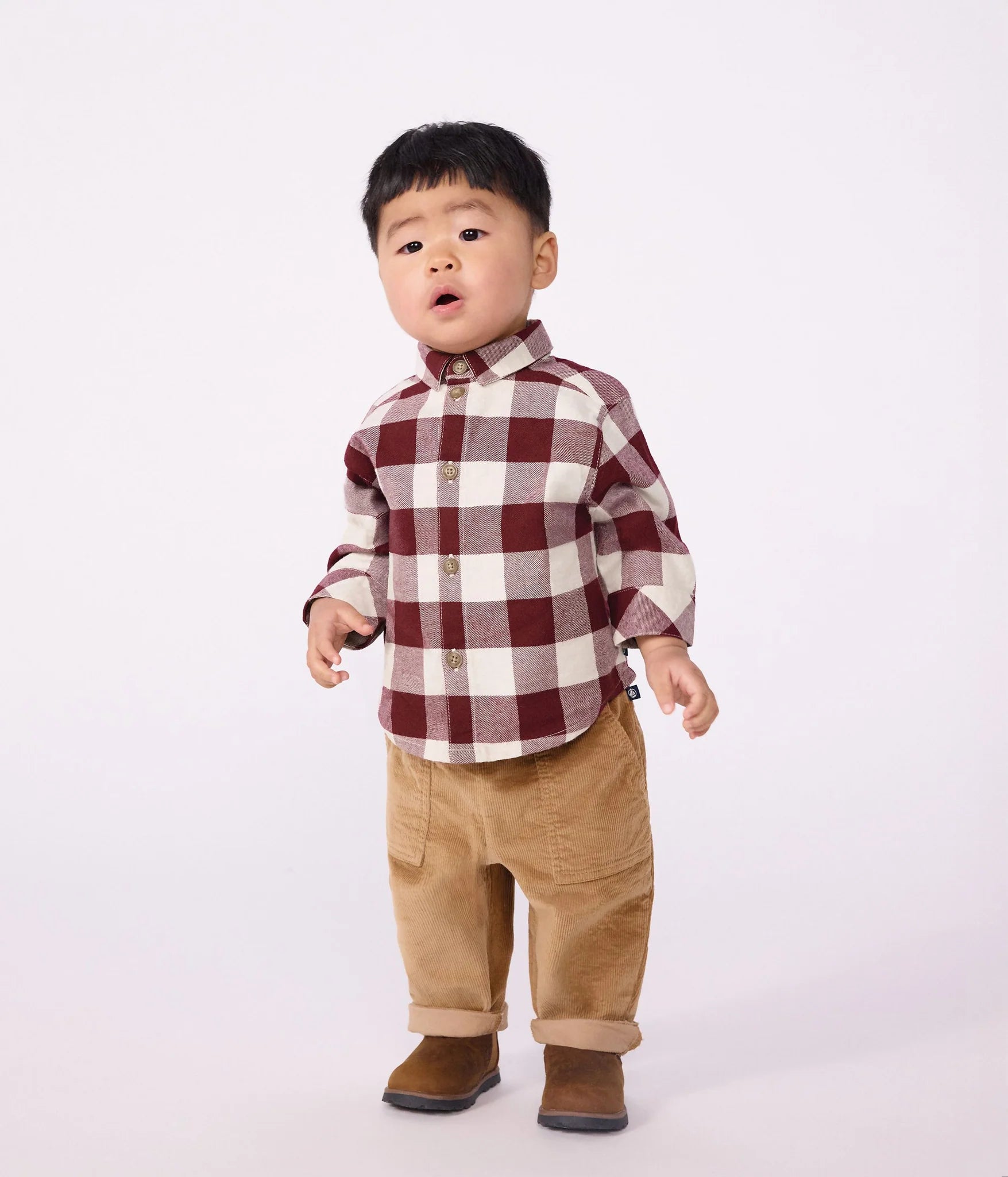 Petit Bateau Baby Boy Long Sleeve Check Shirt - Burgundy + White