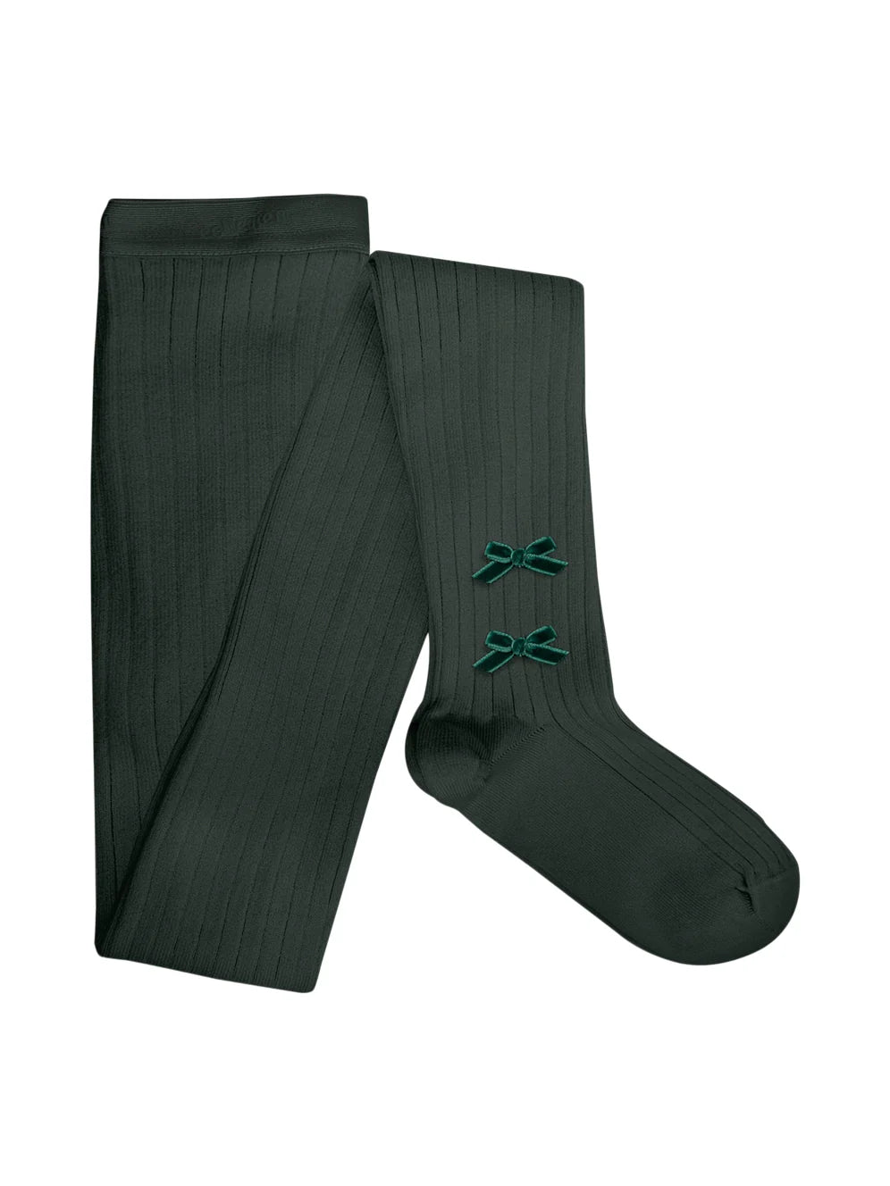 Collegien Capucine Ribbed Tights with Velvet Bows - Vert Foret