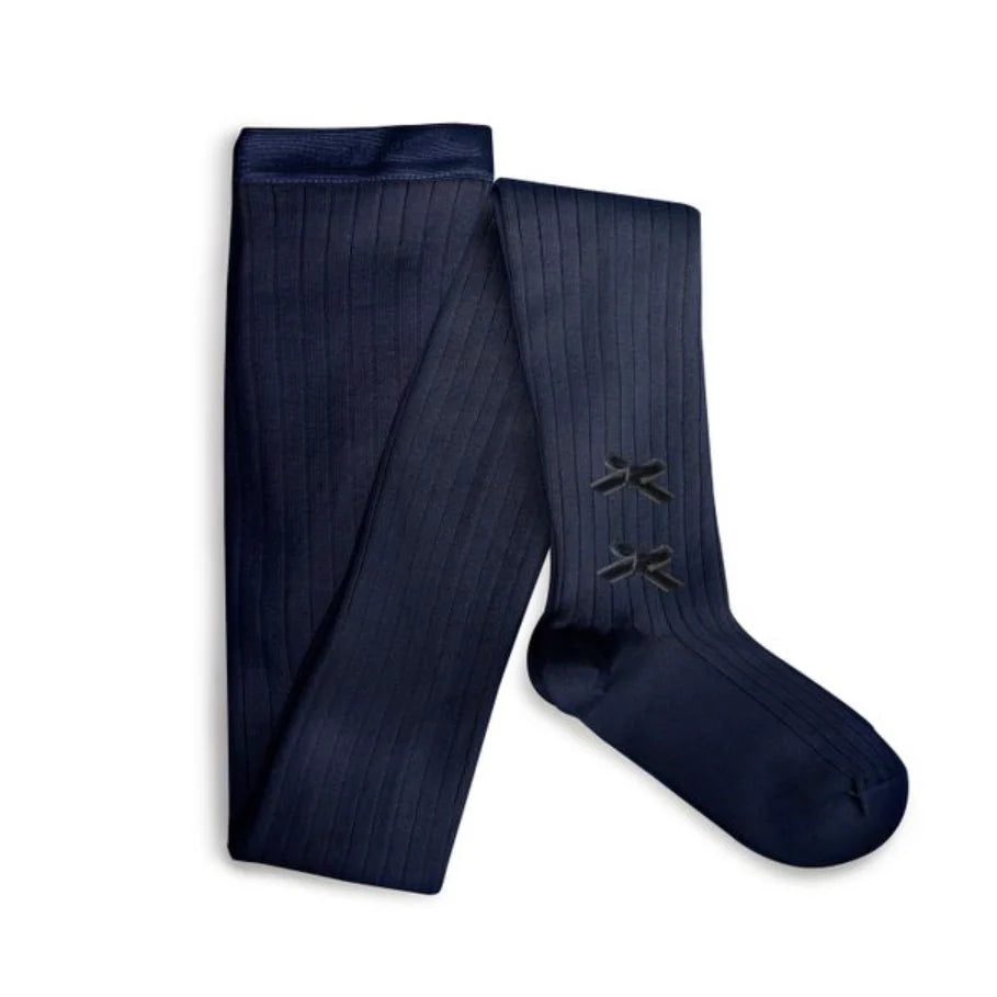 Collegien Capucine Ribbed Tights with Velvet Bows - Nuit Etoilee (Navy)