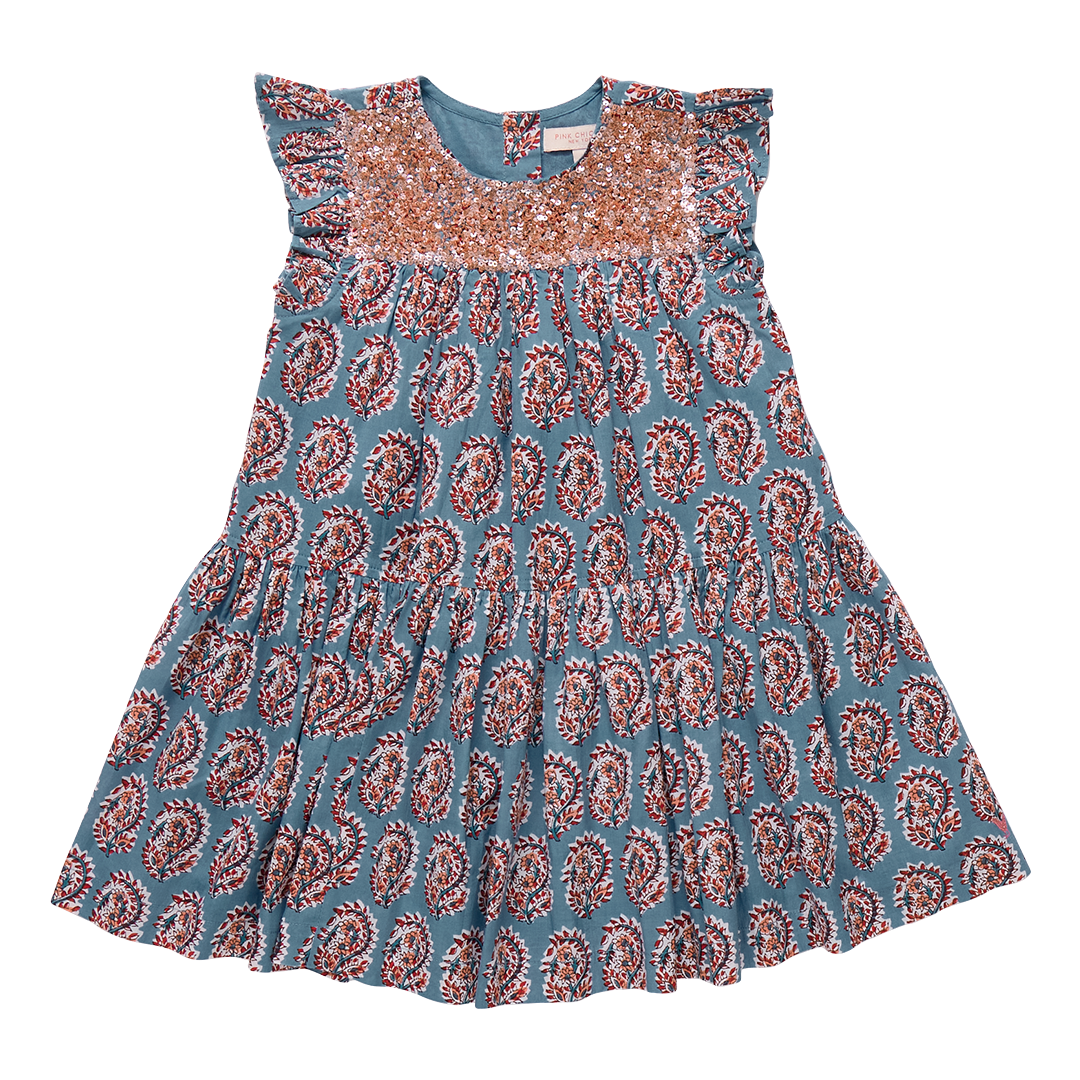 Pink Chicken Girls Fiona Ruffle Dress - Blue Paisley