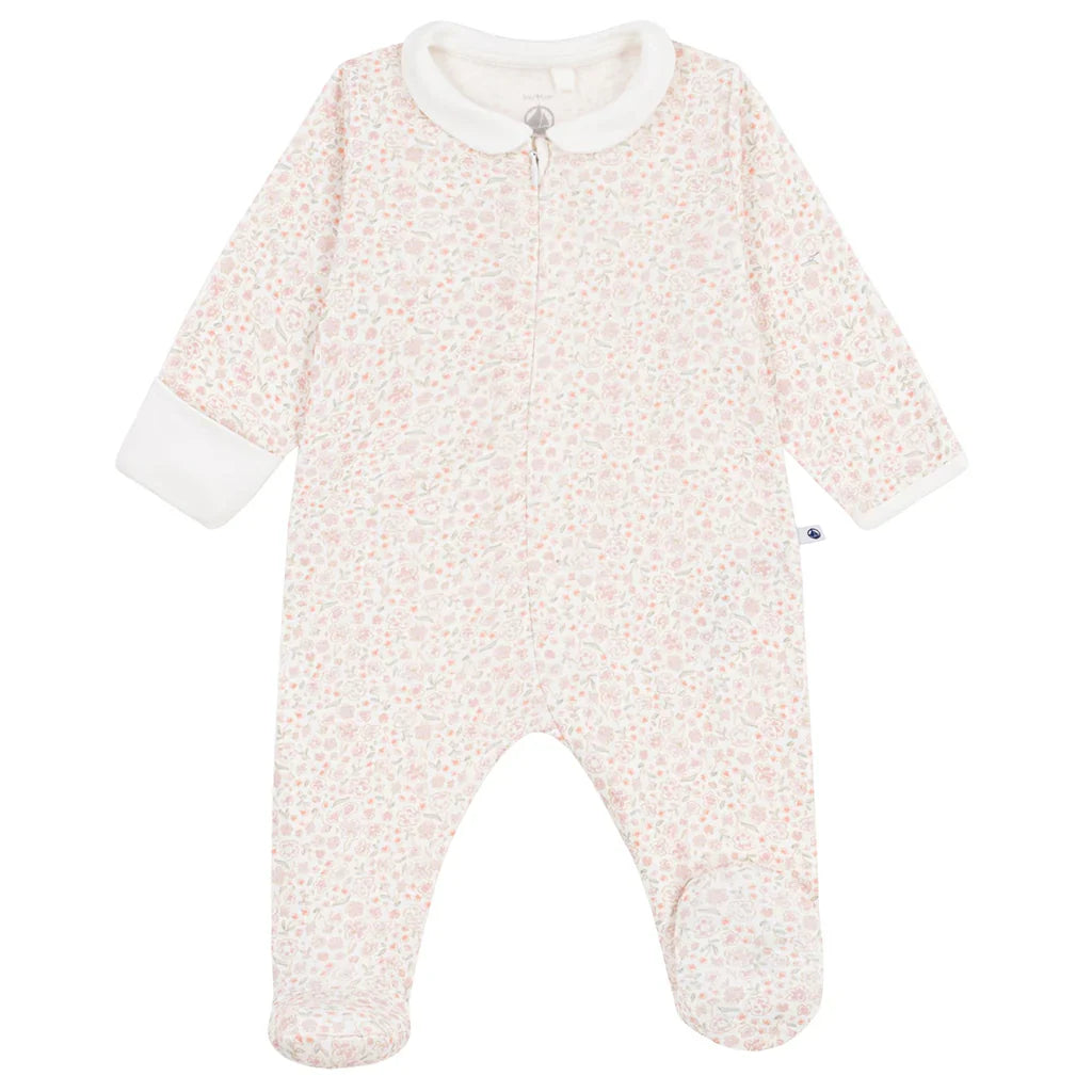 Petit Bateau Baby Girl Front Zip Floral Footie with Collar