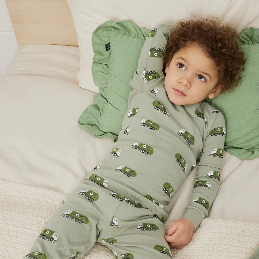 Petit Lem Pajama Set - Recycling Truck on Fall Green