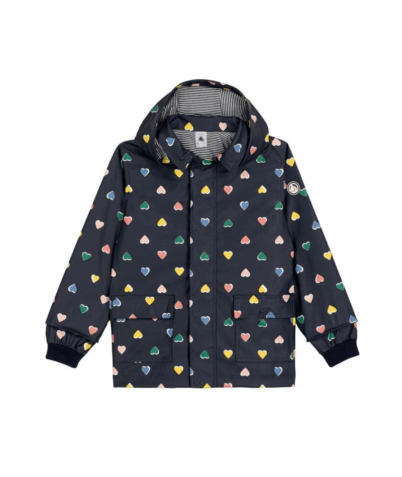 Petit Bateau Girl Multi Heart Print Hooded Rain Jacket