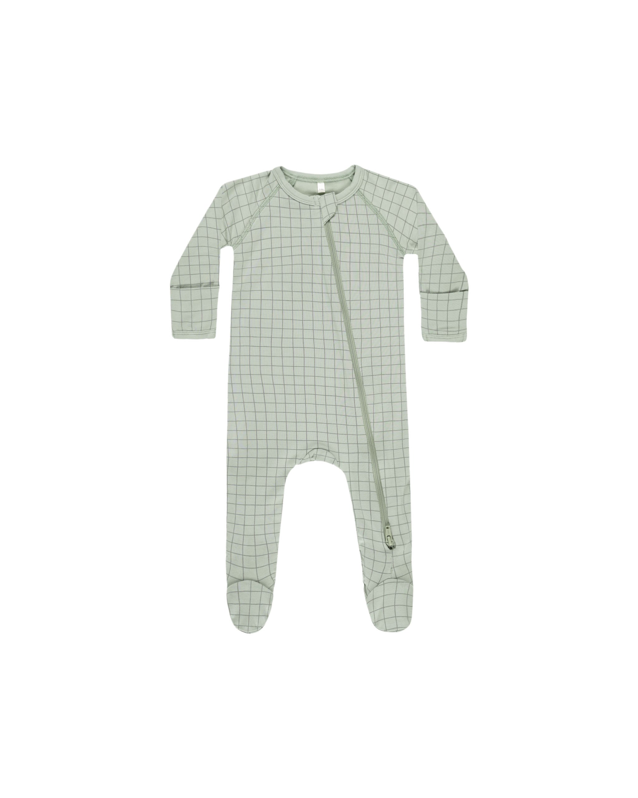 Quincy Mae Bamboo Zip Footie - Sage Grid
