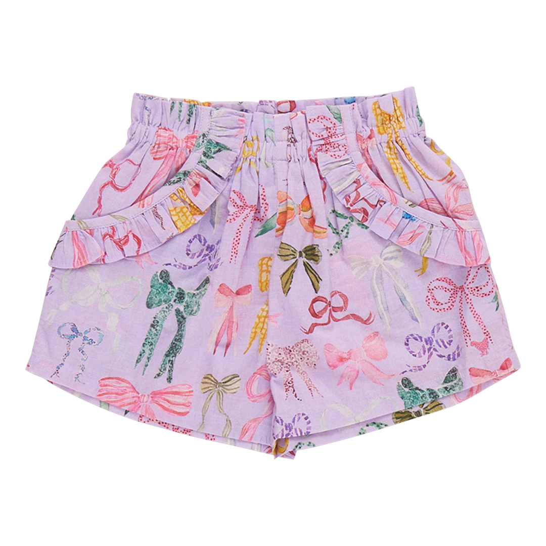 Pink Chicken Girls Ruffle Theodore Short - Lavender Watercolor Bows