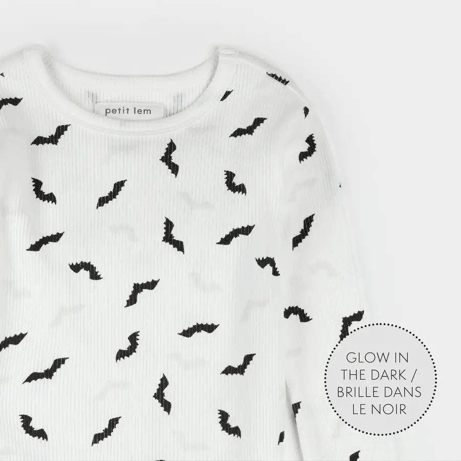 Petit Lem Bats Glow in the Dark Print on Off-White PJ Set