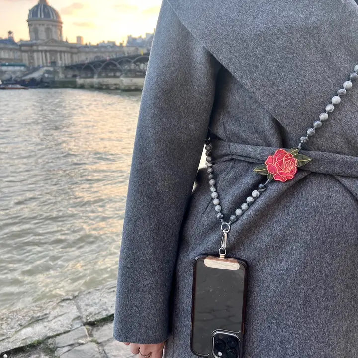 Hand-Painted Red Rose Gemstone Crossbody Phone Chain