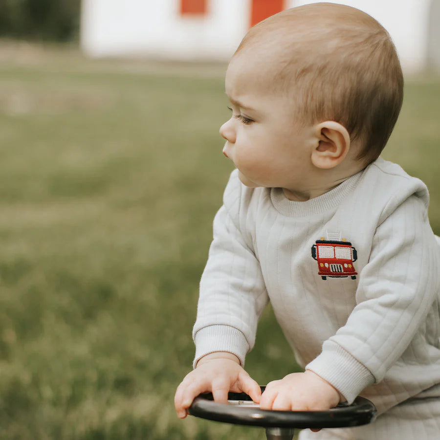 Petit Lem Quilted Jersey Set - Fire Truck on Grey