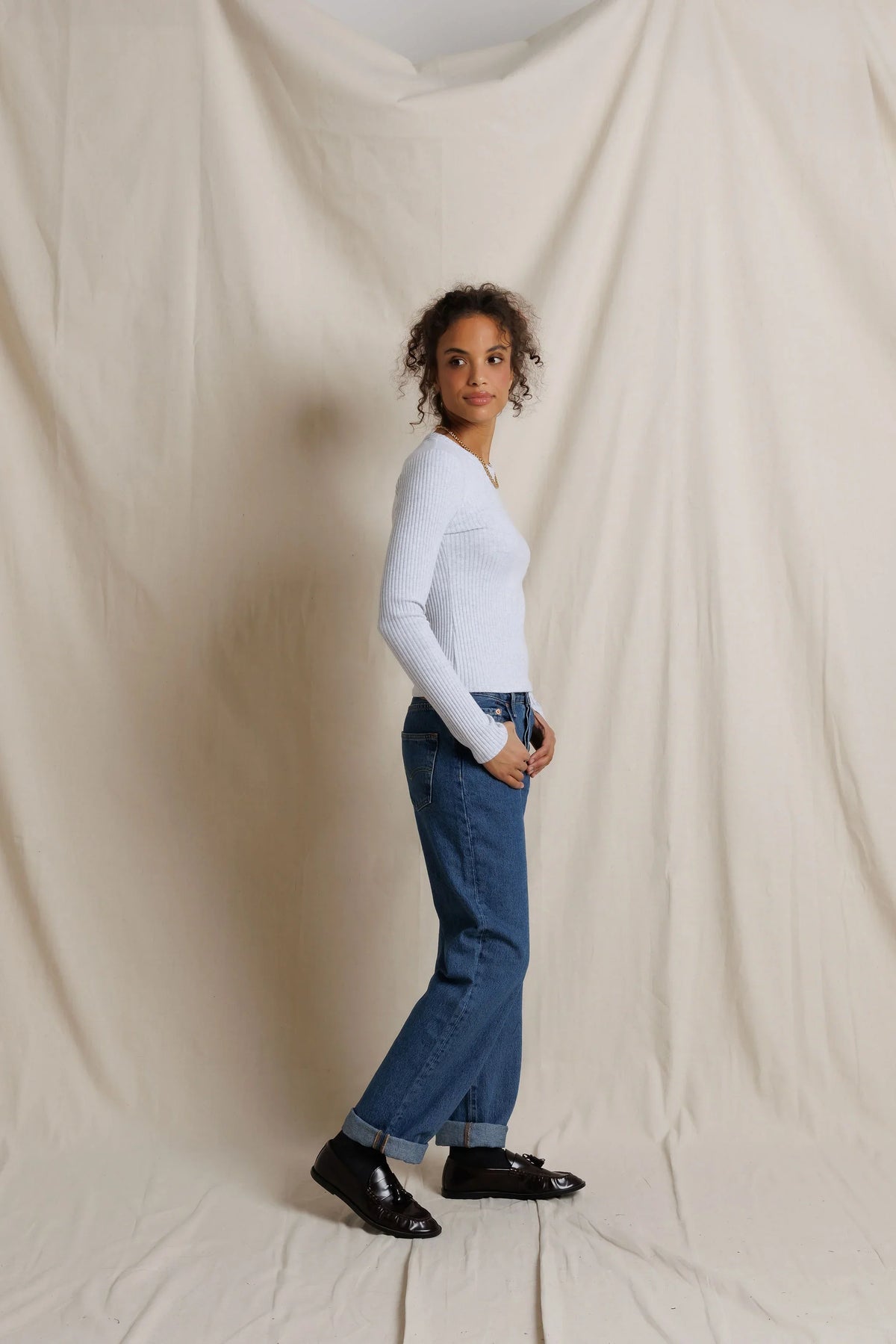 perfectwhitetee Flora Sweater Rib Crew Neck Long Sleeve - Heather Grey