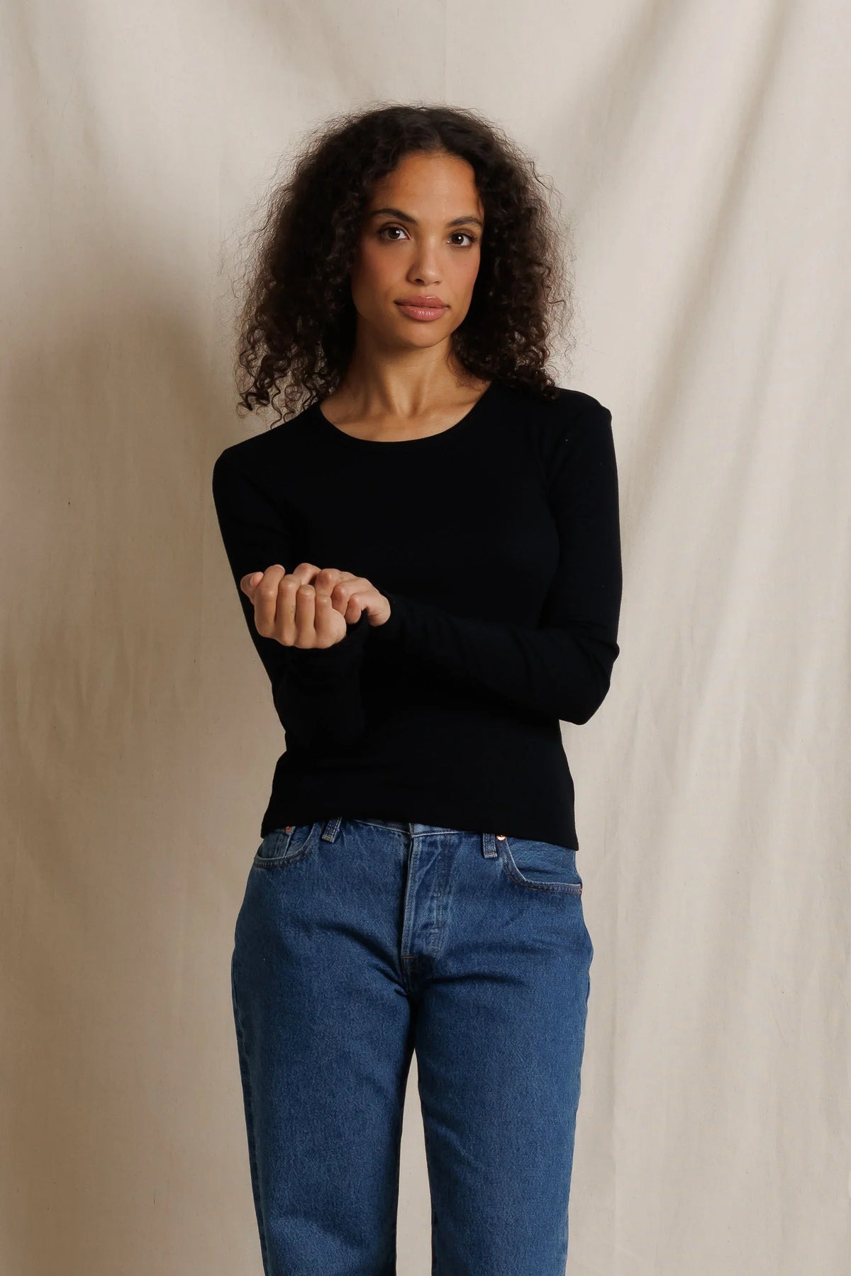 perfectwhitetee Flora Sweater Rib Crew Neck Long Sleeve - Black