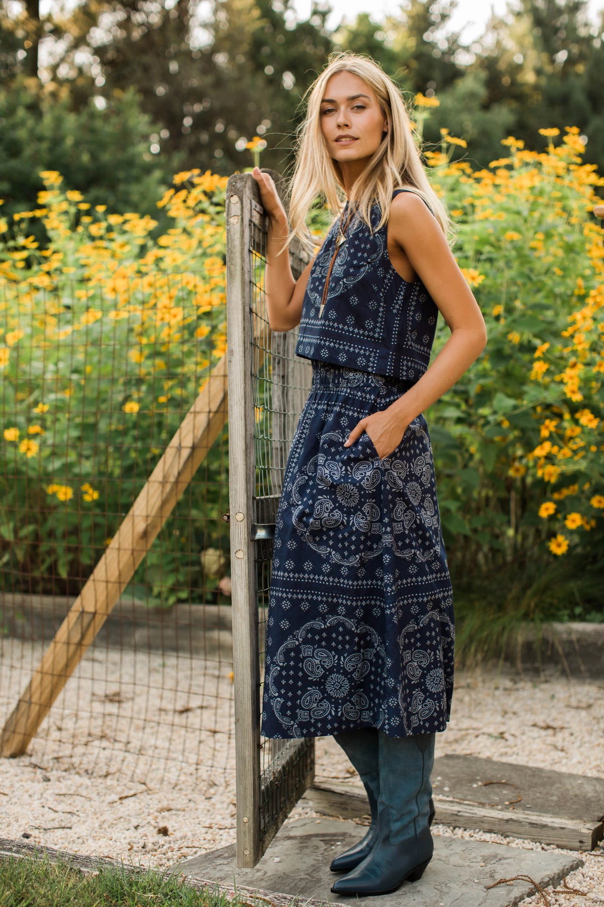 Marea Lydia Cotton Midi Skirt - Navy Bandana