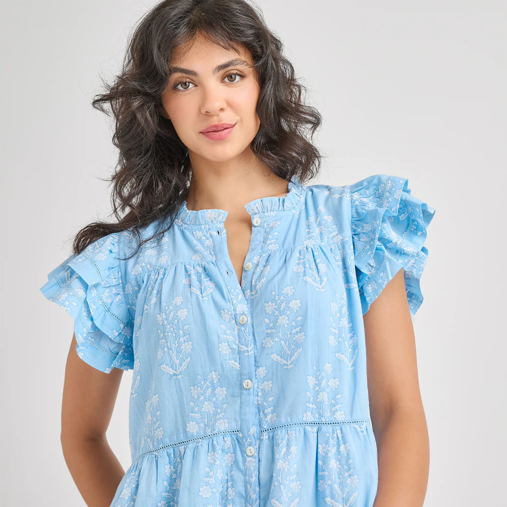 Pink Chicken Women's Kalani Ruffle Dress - Blue Dewdrop Block Print
