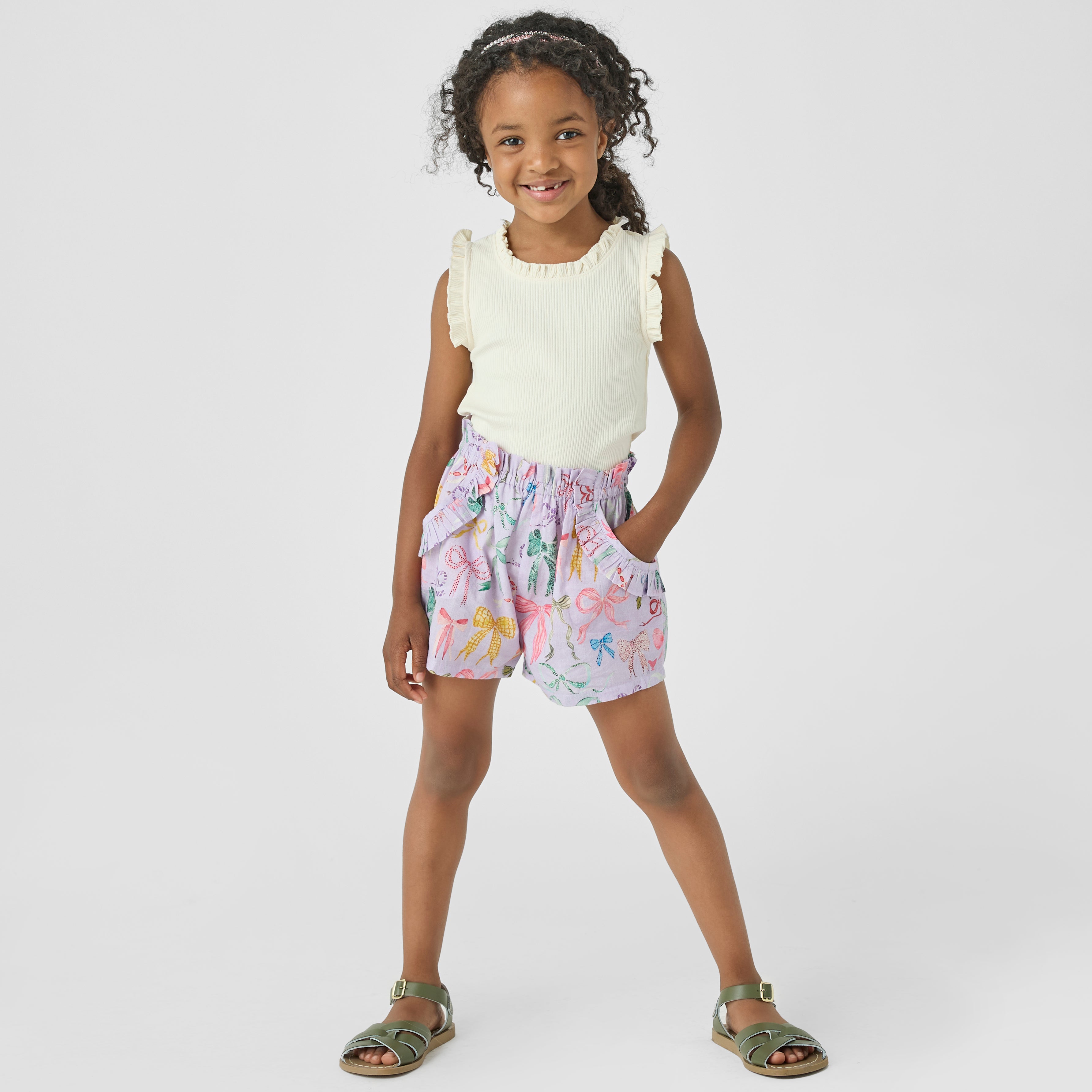 Pink Chicken Girls Ruffle Theodore Short - Lavender Watercolor Bows