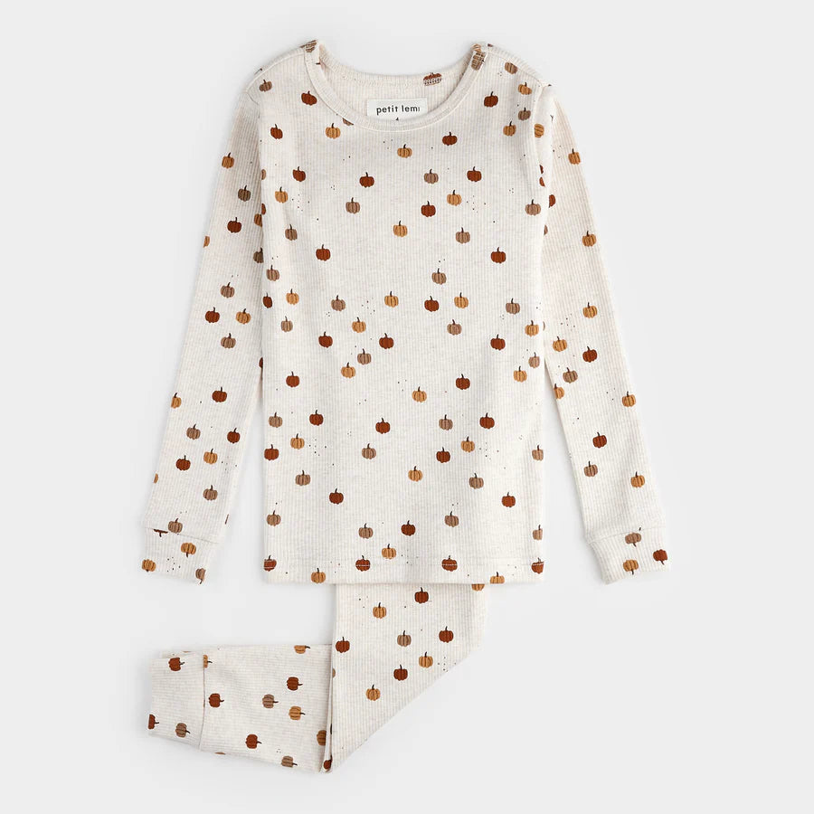 Petit Lem Pumpkin Print on Heathered Oatmeal PJ Set