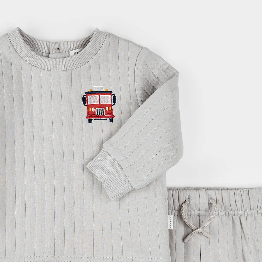 Petit Lem Quilted Jersey Set - Fire Truck on Grey