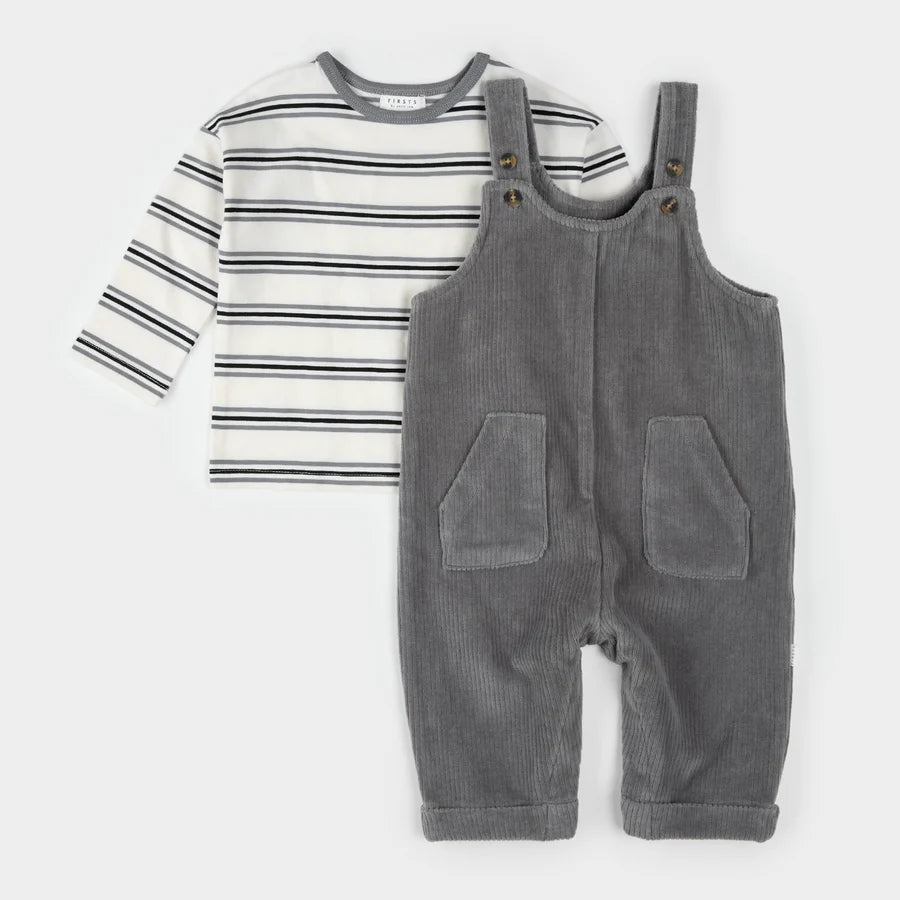 Petit Lem Pearl Blue Corduroy Overall Set