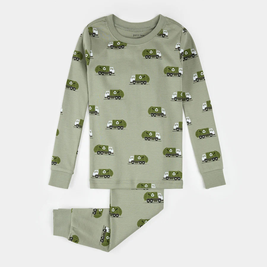Petit Lem Pajama Set - Recycling Truck on Fall Green