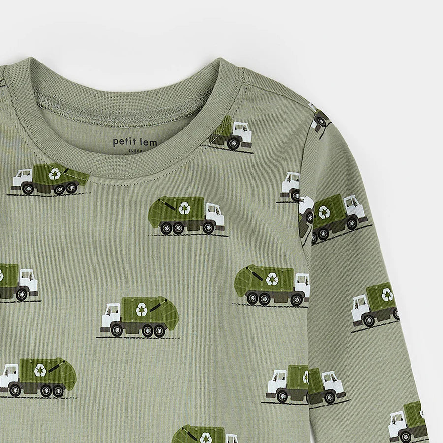Petit Lem Pajama Set - Recycling Truck on Fall Green