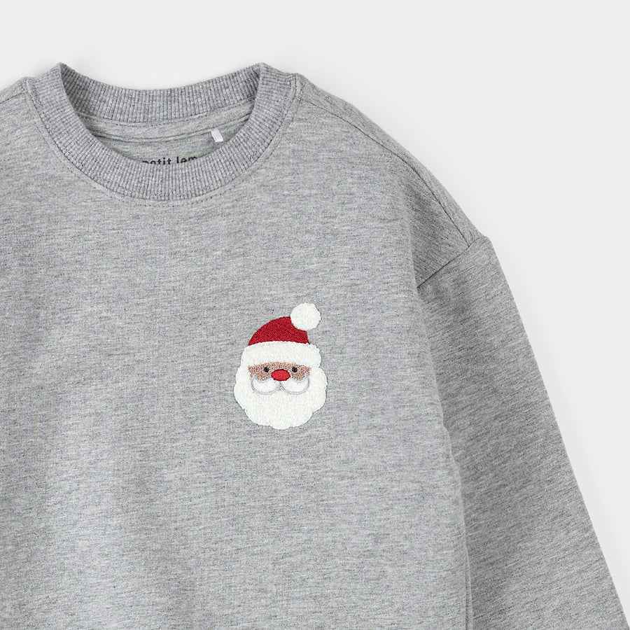 Petit Lem Fleece Sweatshirt - Santa Embroidery on Heather Grey