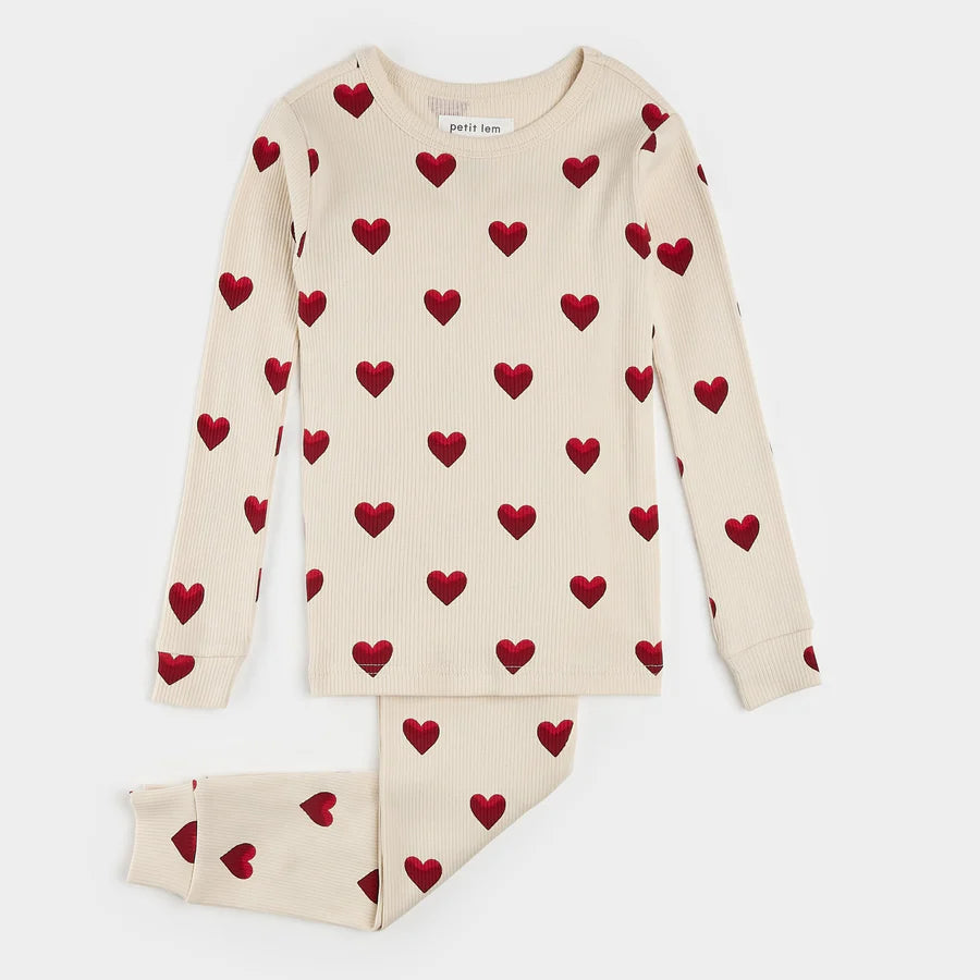 Petit Lem Pajama Set - Heart Print on Ribbed Antique