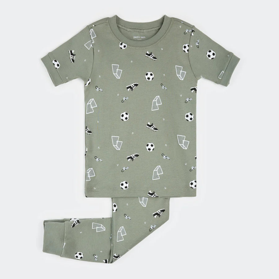 Petit Lem Short Pajama Set - Soccer on Olive Green