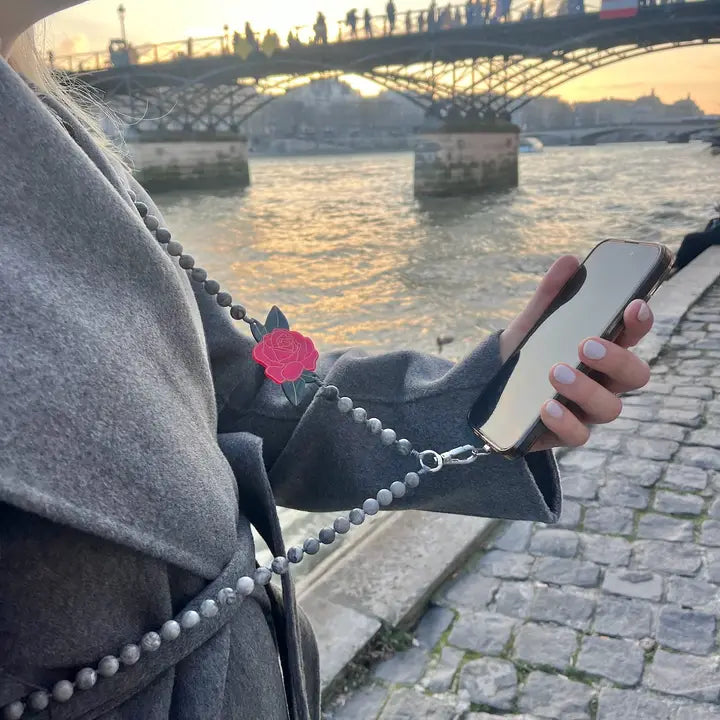 Hand-Painted Red Rose Gemstone Crossbody Phone Chain