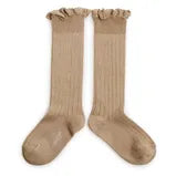 Collegien Josephine Ribbed Lace Trim Knee High Socks - Petite Taupe