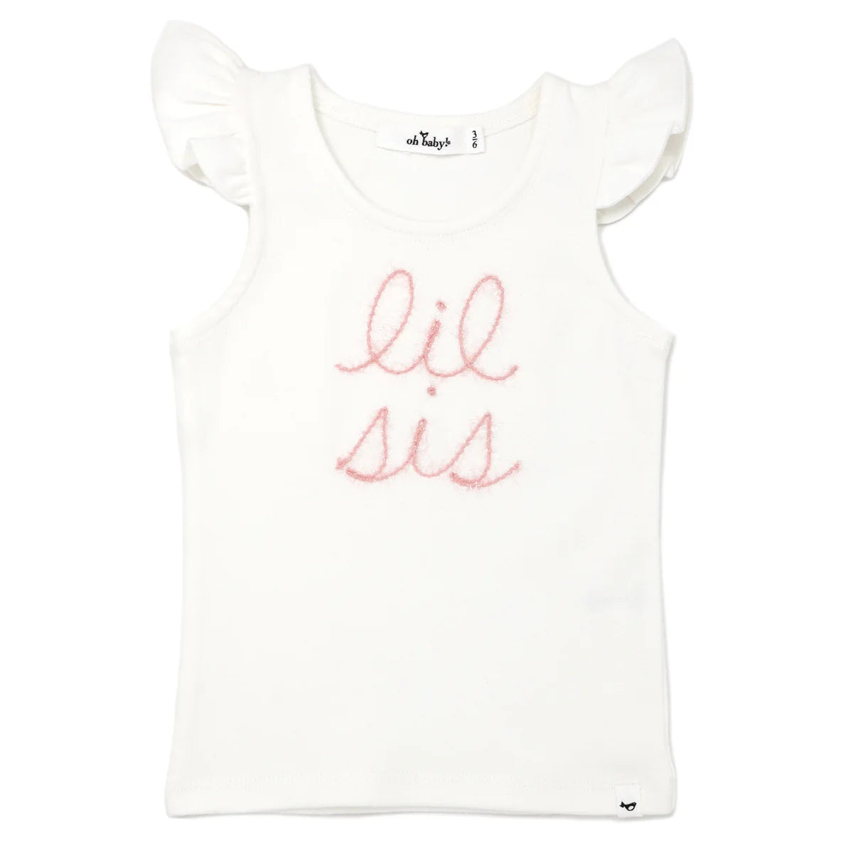 Cotton Baby Rib Flutter Sleeve Tank - "lil sis" Pink Embroidered - Cream