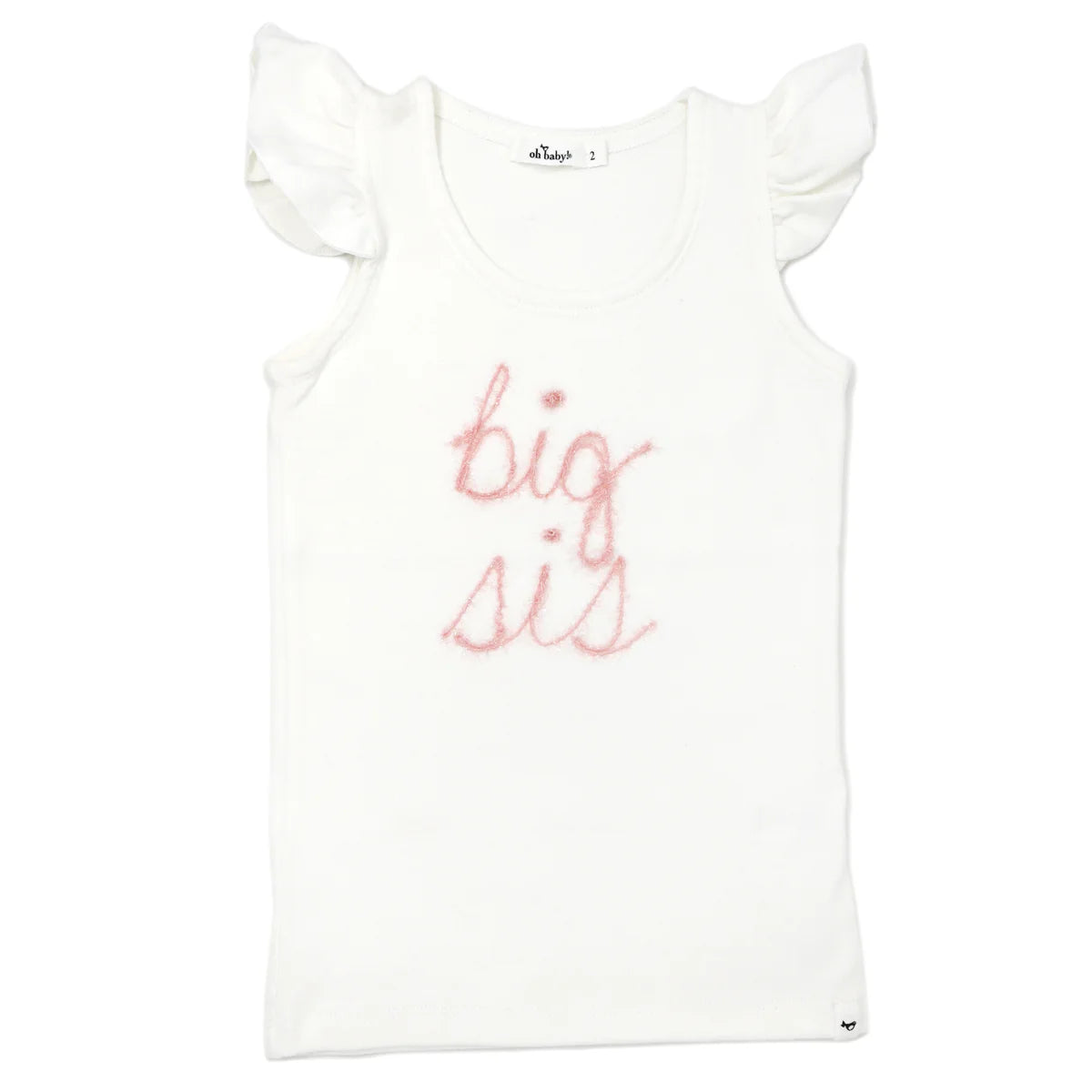 Rib Flutter Sleeve Tank - "big sis" Pink Embroidered - Cream