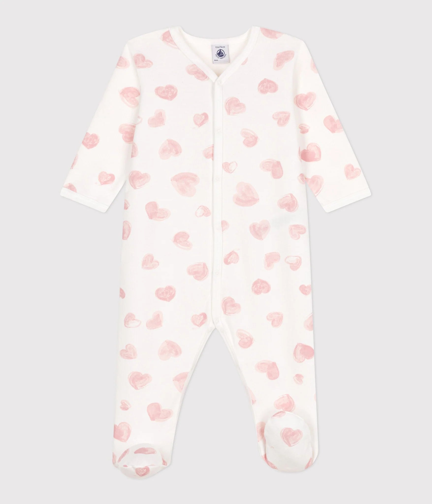 Petit Bateau Baby Front Snap Heart Print Footie - Pink