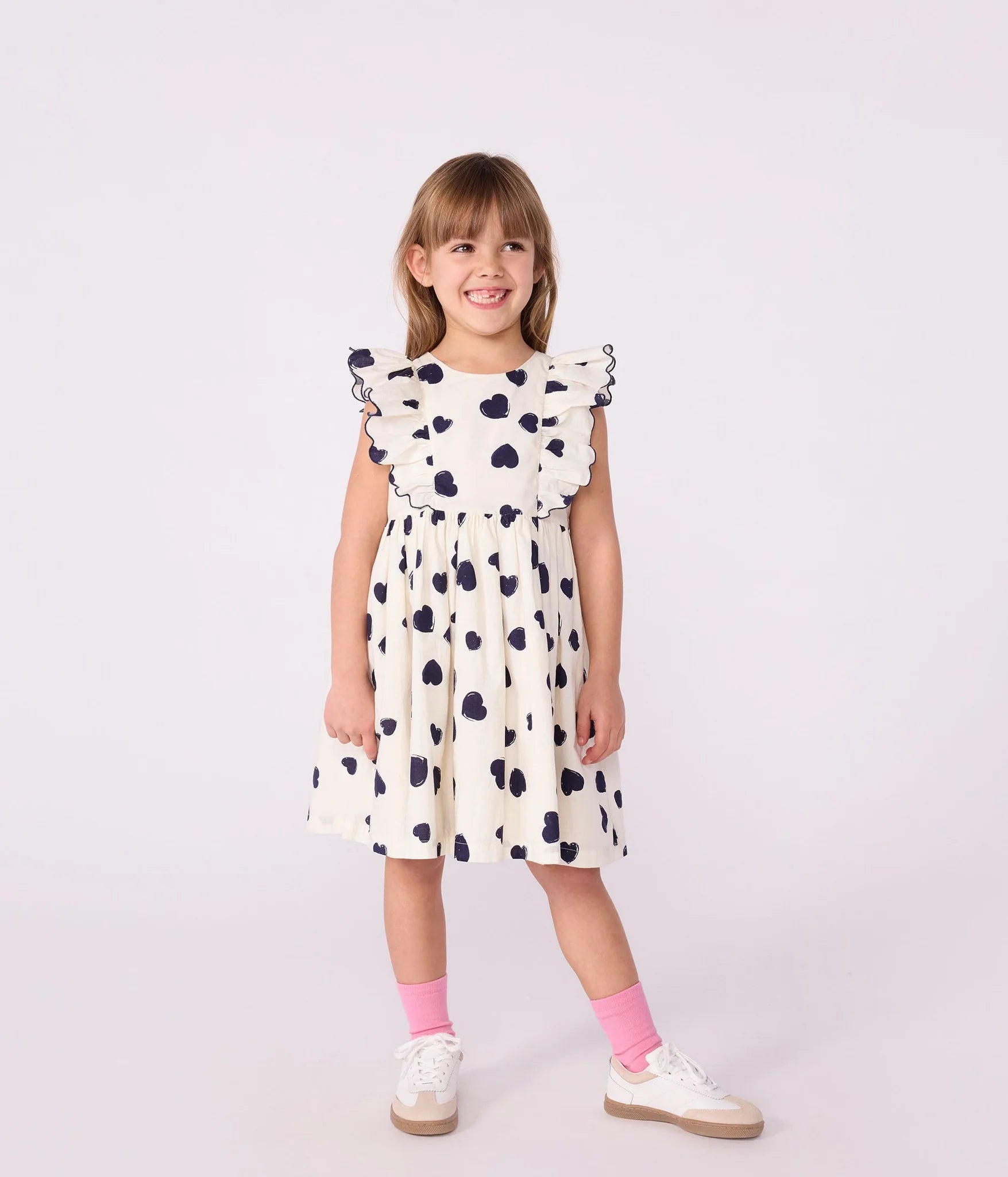 Petit Bateau Sleeveless Heart Print Dress with Ruffles