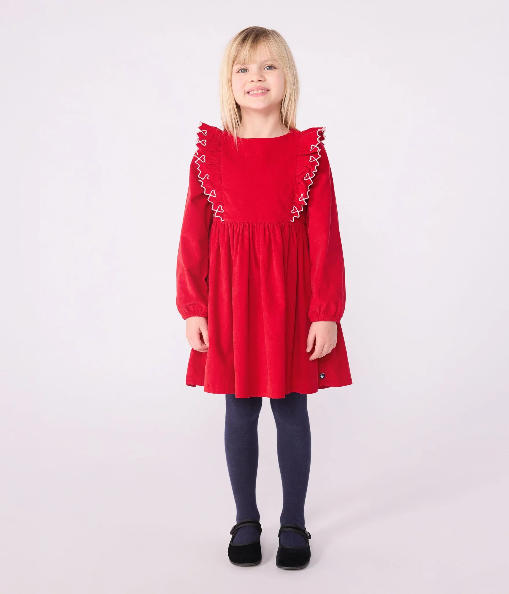 Petit Bateau Long Sleeve Corduroy Dress with Ruffles