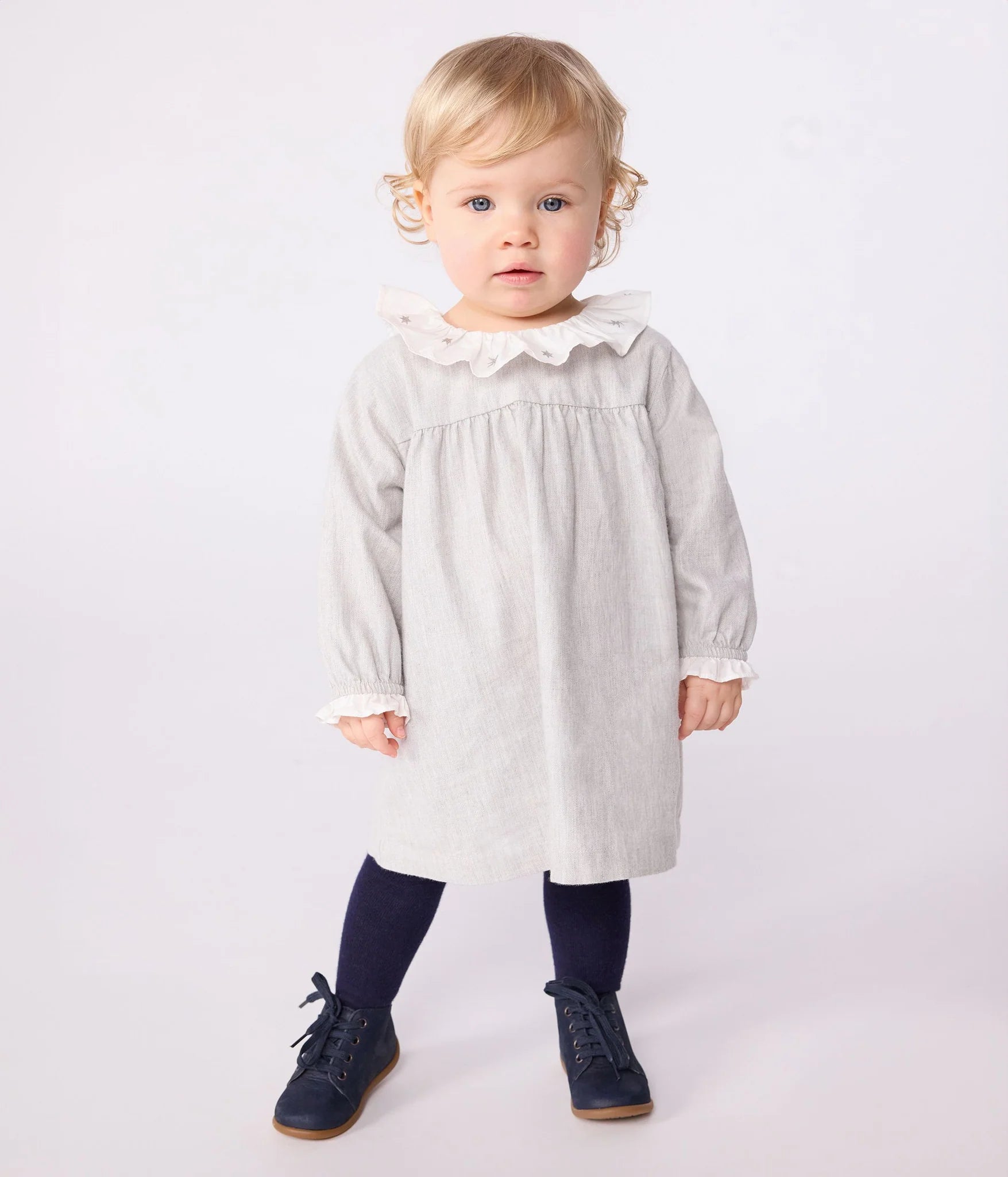 Petit Bateau Baby Long Sleeve Dress with Ruffle Collar