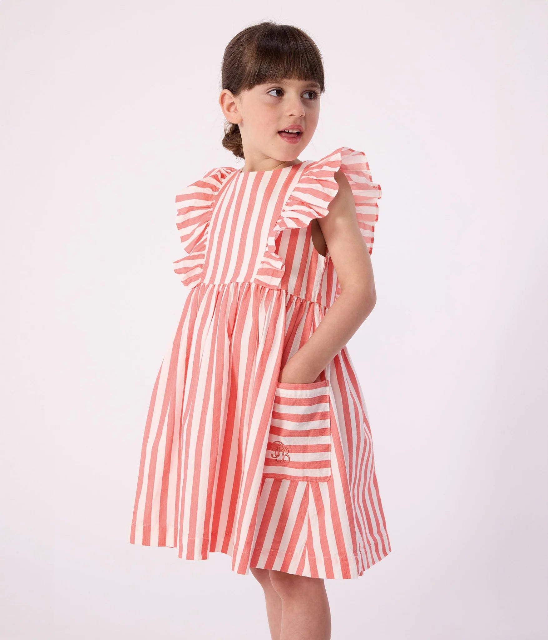Petit Bateau Girl Sleeveless Stripe Dress with Ruffles + Pocket