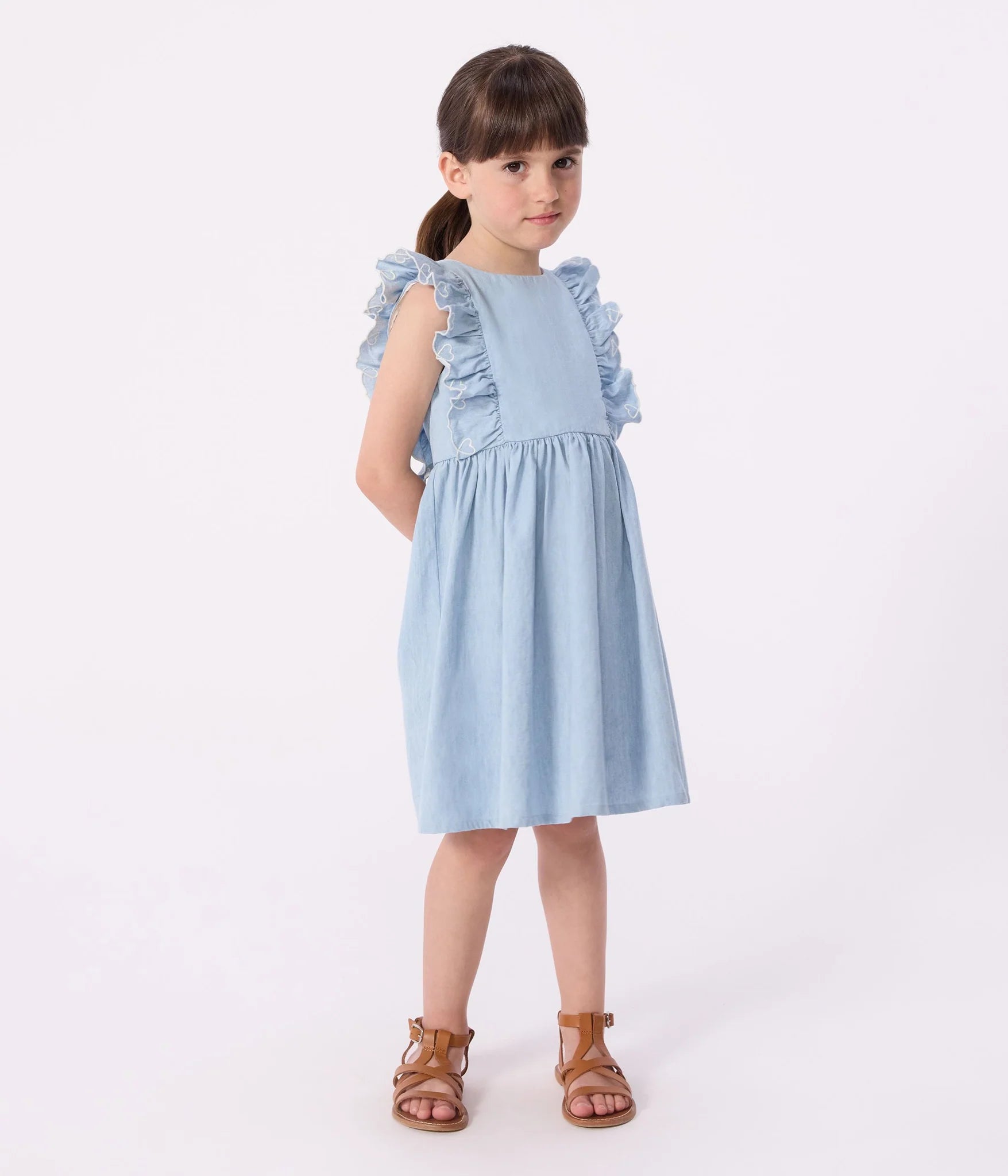 Petit Bateau Girl Sleeveless Chambray Dress with Embroidered Ruffles