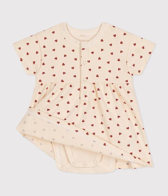 Petit Bateau Baby Girl Heart Print Bodysuit Dress