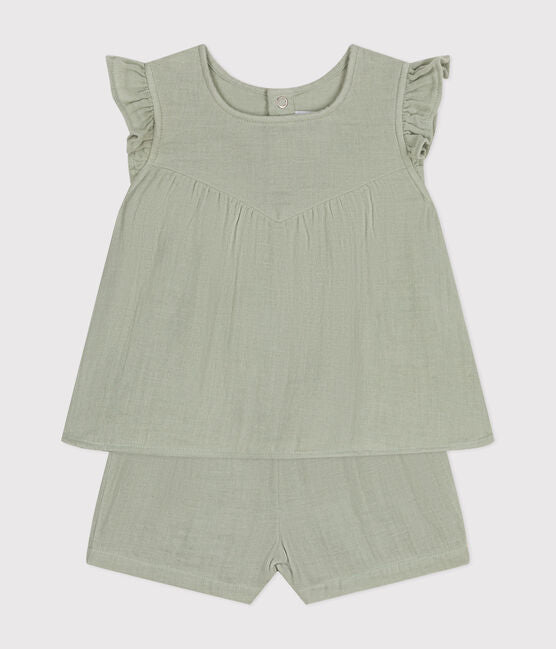 Petit Bateau Baby Two-Piece Set - Gauze Sleeveless Top and Shorts - Mint