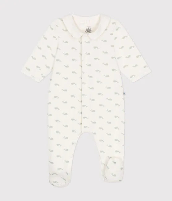 Petit Bateau Baby Velour Whale Print Footie with Collar