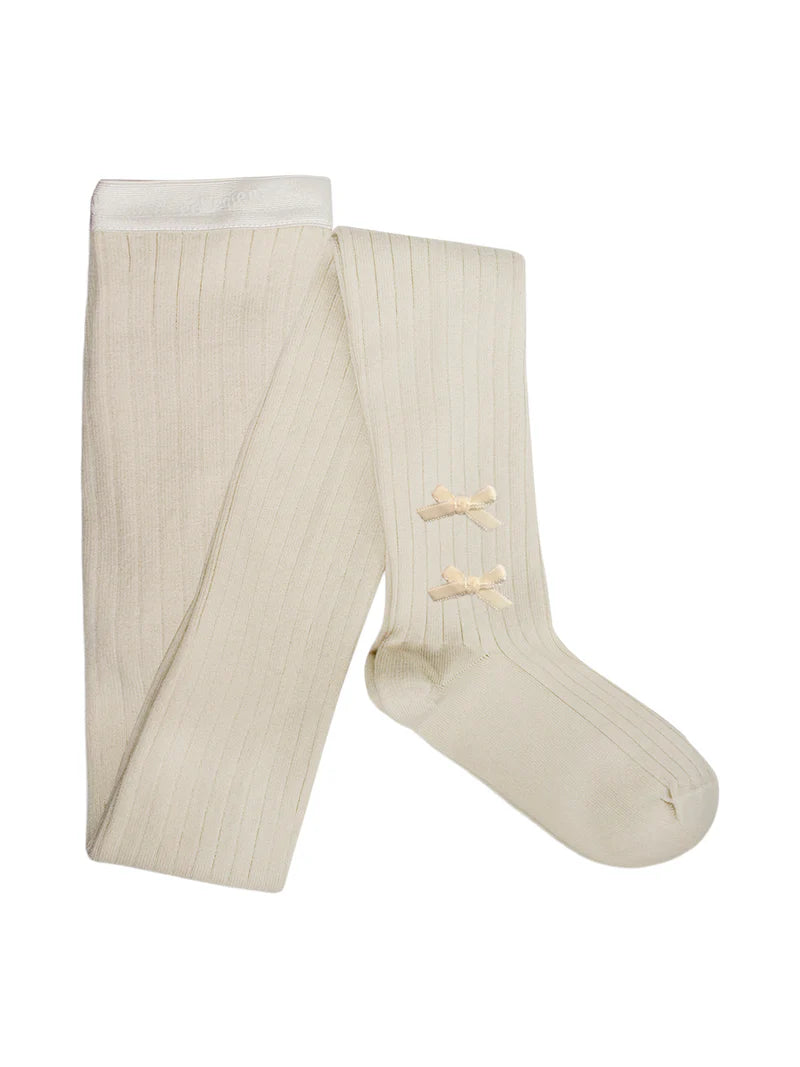 Collegien Capucine Ribbed Tights with Velvet Bows - Doux Agneaux (Cream)